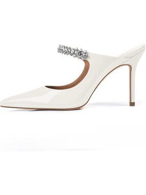 Women's White Rhinestone Heels Pointed Toe Slip On 4" Stiletto Closed Toe Pumpsv